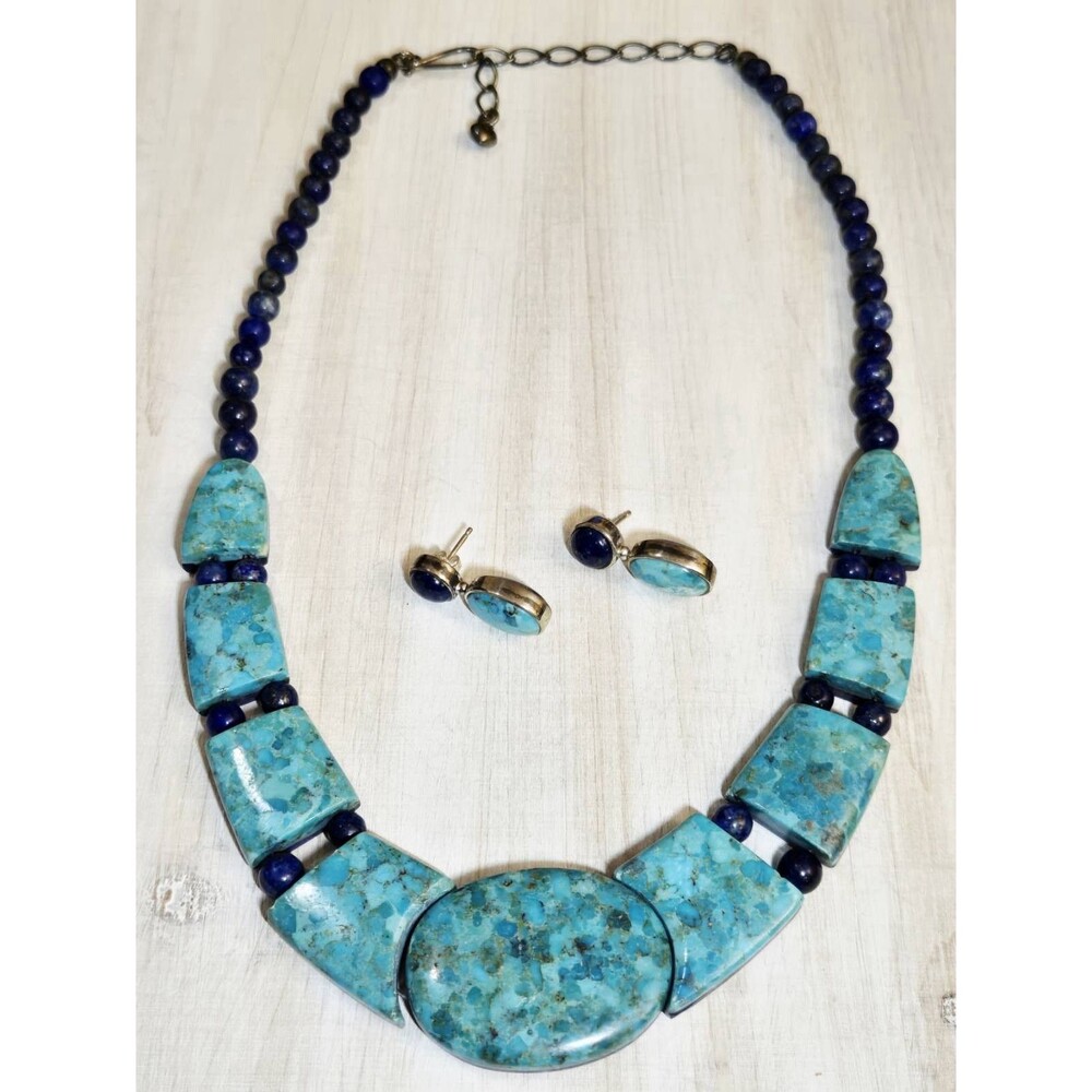 Jay King Reversible Turquoise Lapis Lazuli Necklace 925 Sterling W/Earrings